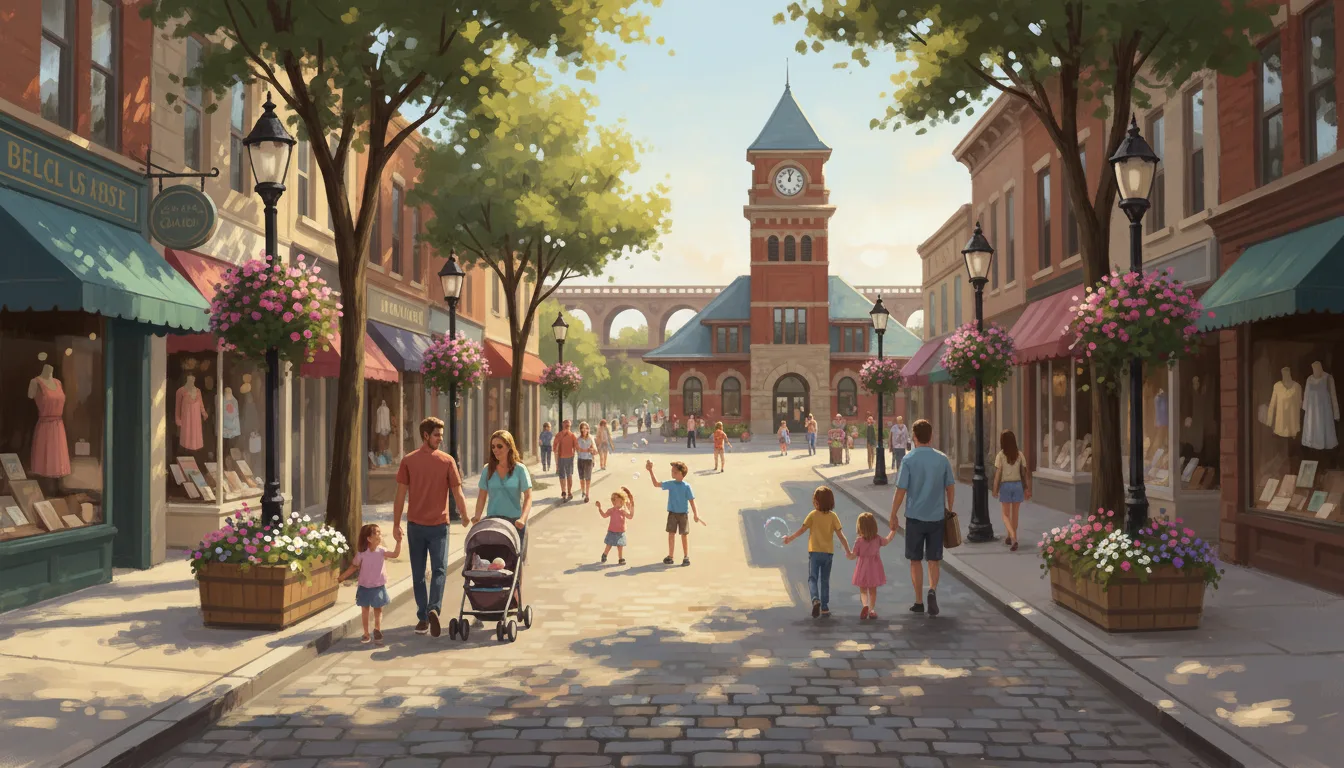 A charming walkable downtown street in a suburban Chicago town, featuring a historic train station, boutique shops, and flowering planters under warm afternoon light