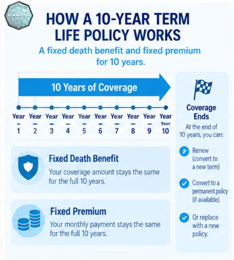 How a 10-year term life insurance policy works with a fixed premium and death benefit