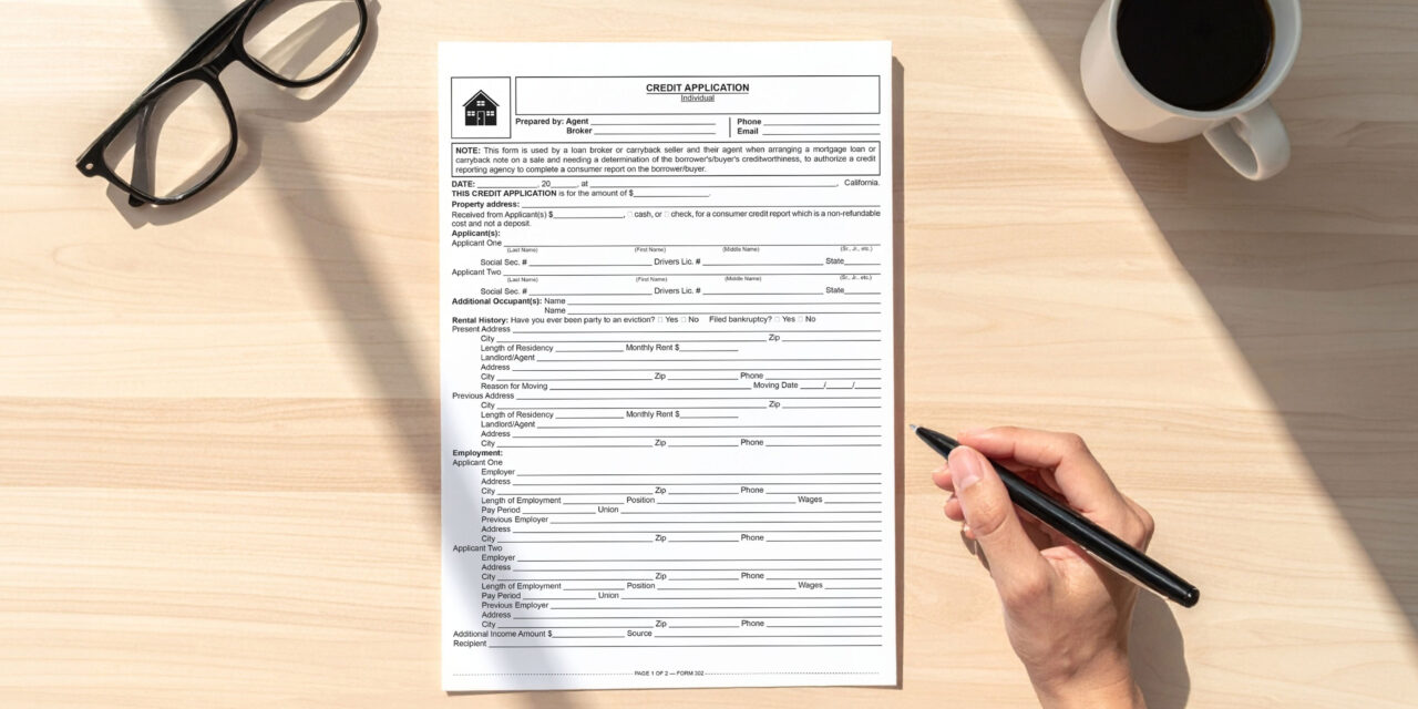 A tri-merge mortgage credit report and a pen resting on a financial document