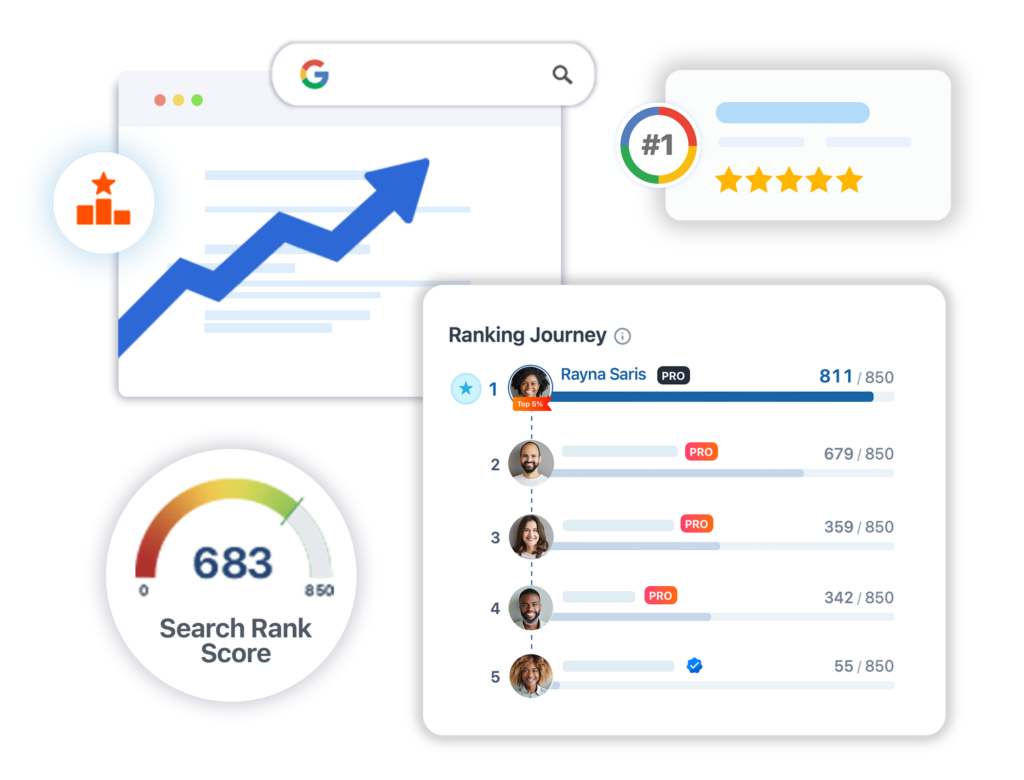 Search Rank Score dashboard showing optimization factors