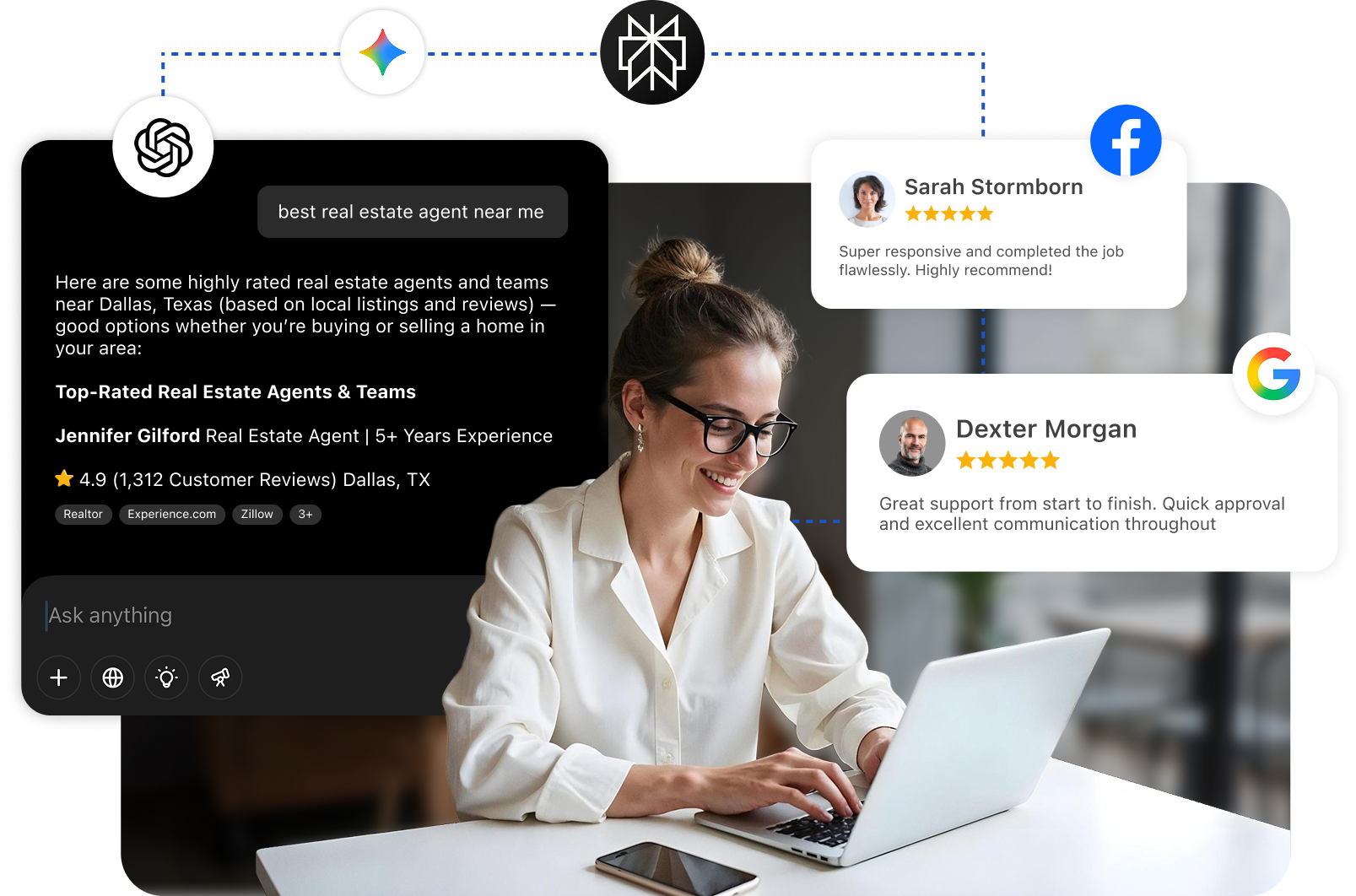 Woman at laptop with overlaid AI search results recommending a top-rated Dallas real estate agent, alongside 5-star Facebook and Google client reviews.