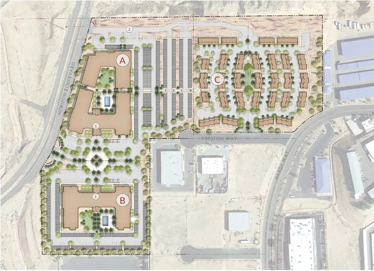 Site plan for the Prestwick multifamily development showing buildings A, B, and C