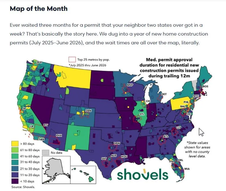 Building permit approval duration map for residential new construction 2025-2026