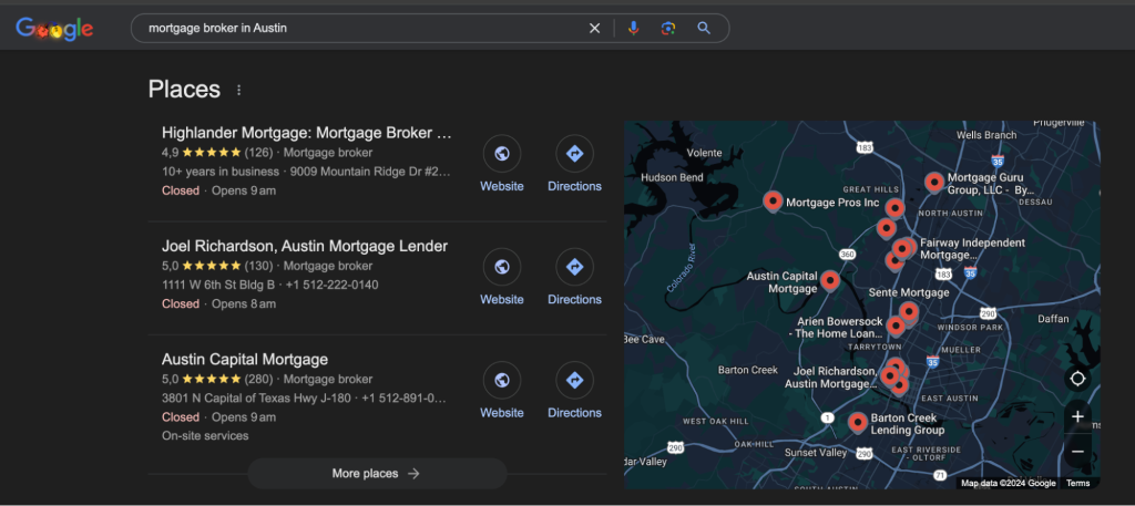 A dashboard showing local search rankings and review growth for mortgage professionals