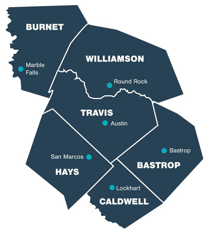 Property management service area map Travis Hays Bastrop counties Texas