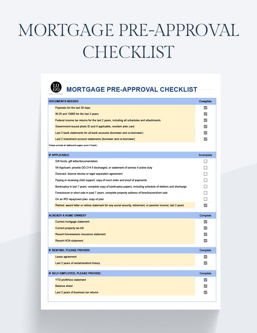 Financial checklist for mortgage pre-approval