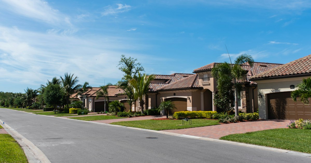 A quiet suburban street lined with houses and palm trees