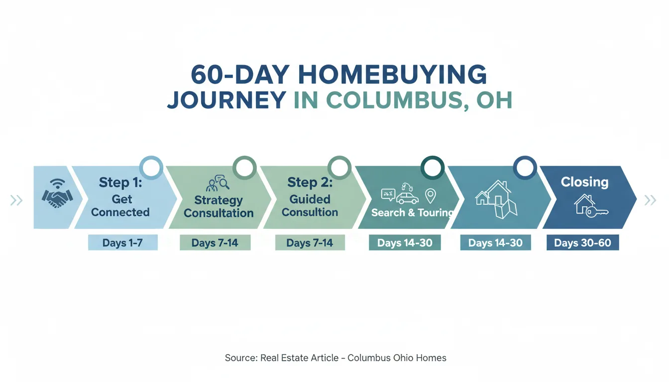 A clean infographic timeline showing a 60-day homebuying sprint for first-time buyers in Columbus, Ohio