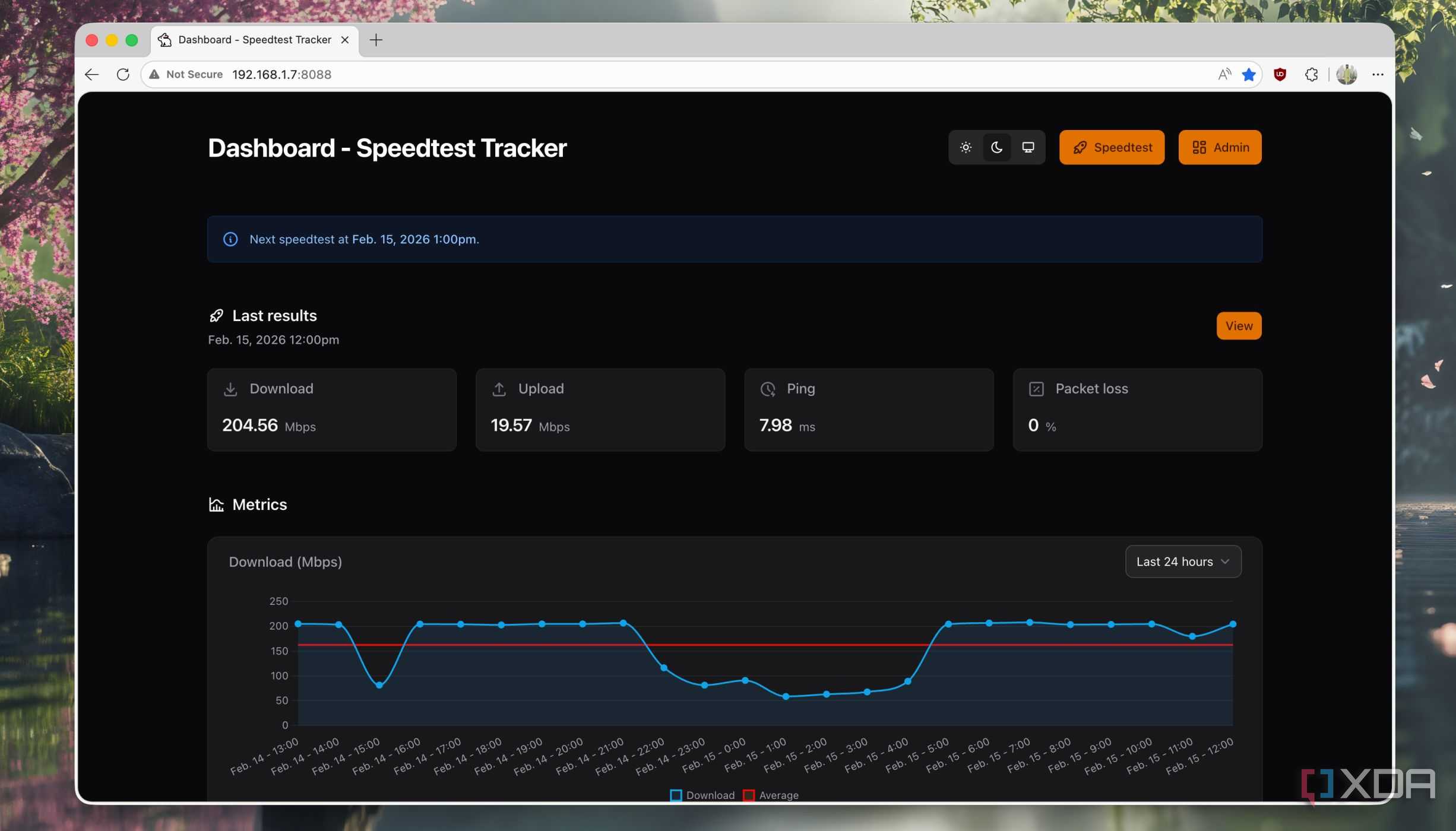 Broadband speed test dashboard with throughput graphs