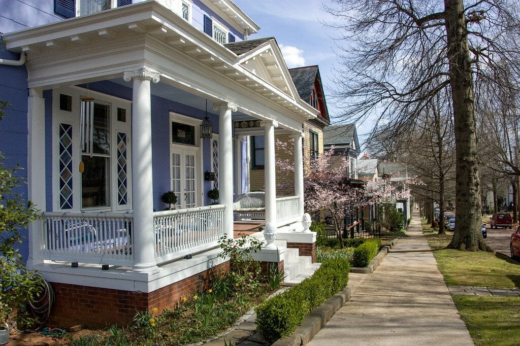 Brick houses on a leafy Lynchburg street