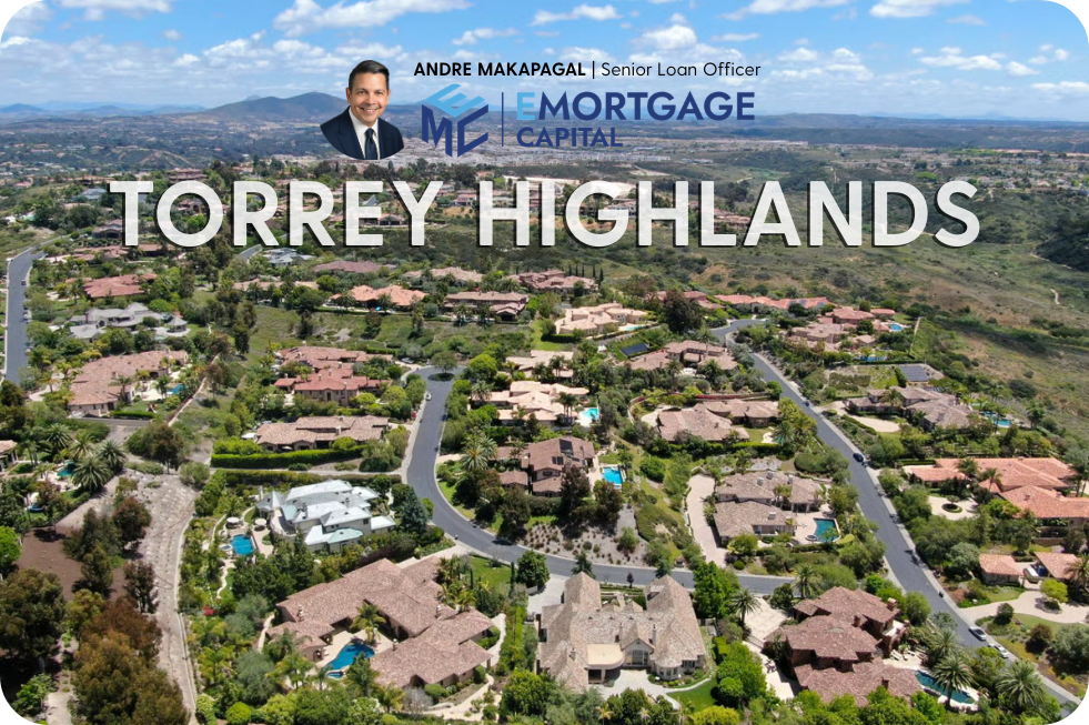 Andre Makapagal, Senior Loan Officer, smiling, with an aerial view of Torrey Highlands neighborhood in Rancho Penasquitos.