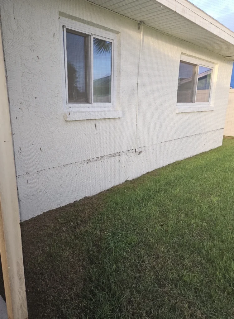 Visible flood water line on the white exterior wall of a single-story Apollo Beach, FL home after hurricane storm surge