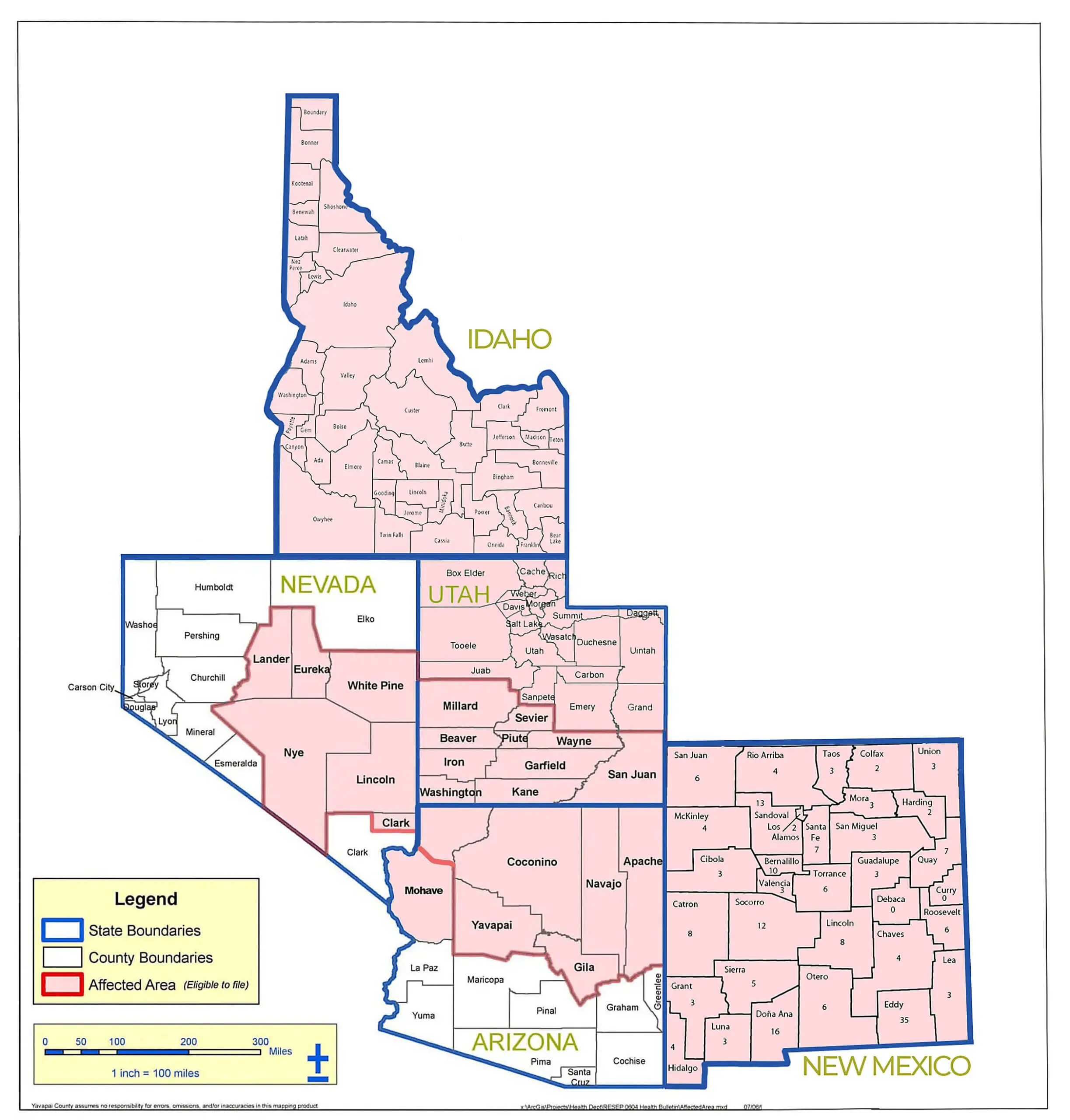 Map of states and counties covered by the RECA downwinder provisions
