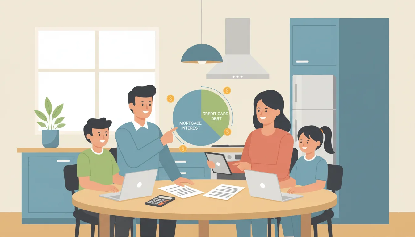 A clean flat-design illustration of a family reviewing their household budget at a kitchen table, with a pie chart showing credit card debt vs mortgage interest