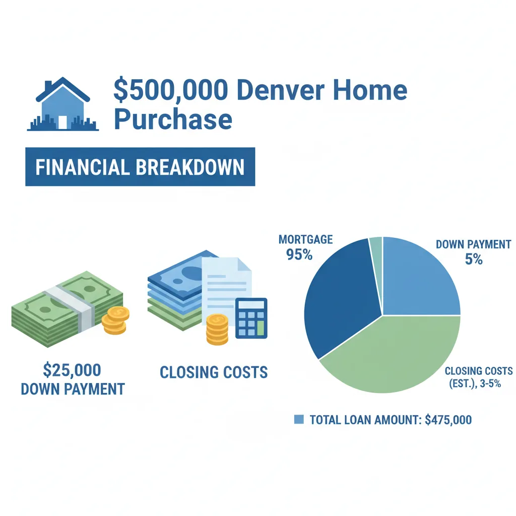 A financial breakdown illustration for a $500,000 Denver home purchase showing the $25,000 down payment alongside closing costs, with a calculator, house icon, and pie chart in a clean flat-design style.