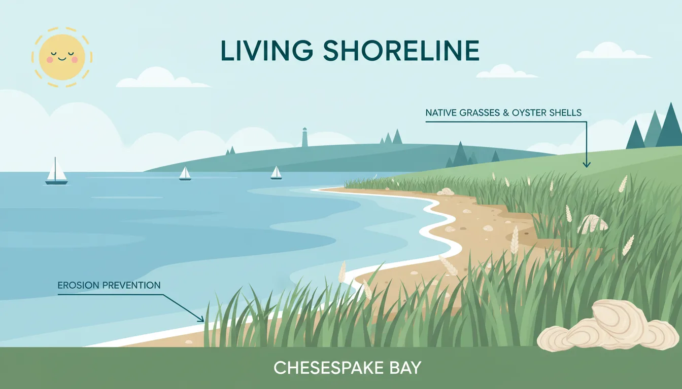 An educational illustration showing a 'Living Shoreline' using natural plantings and stone sills to protect the coast.