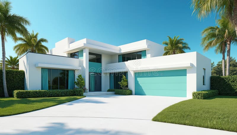 Bright modern Florida home with palm trees and a green lawn