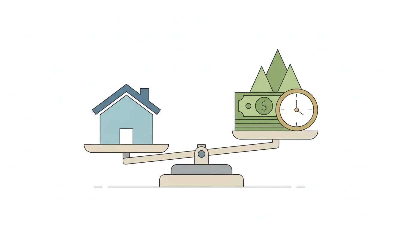 Minimalist illustration of a house on a scale with money and a clock