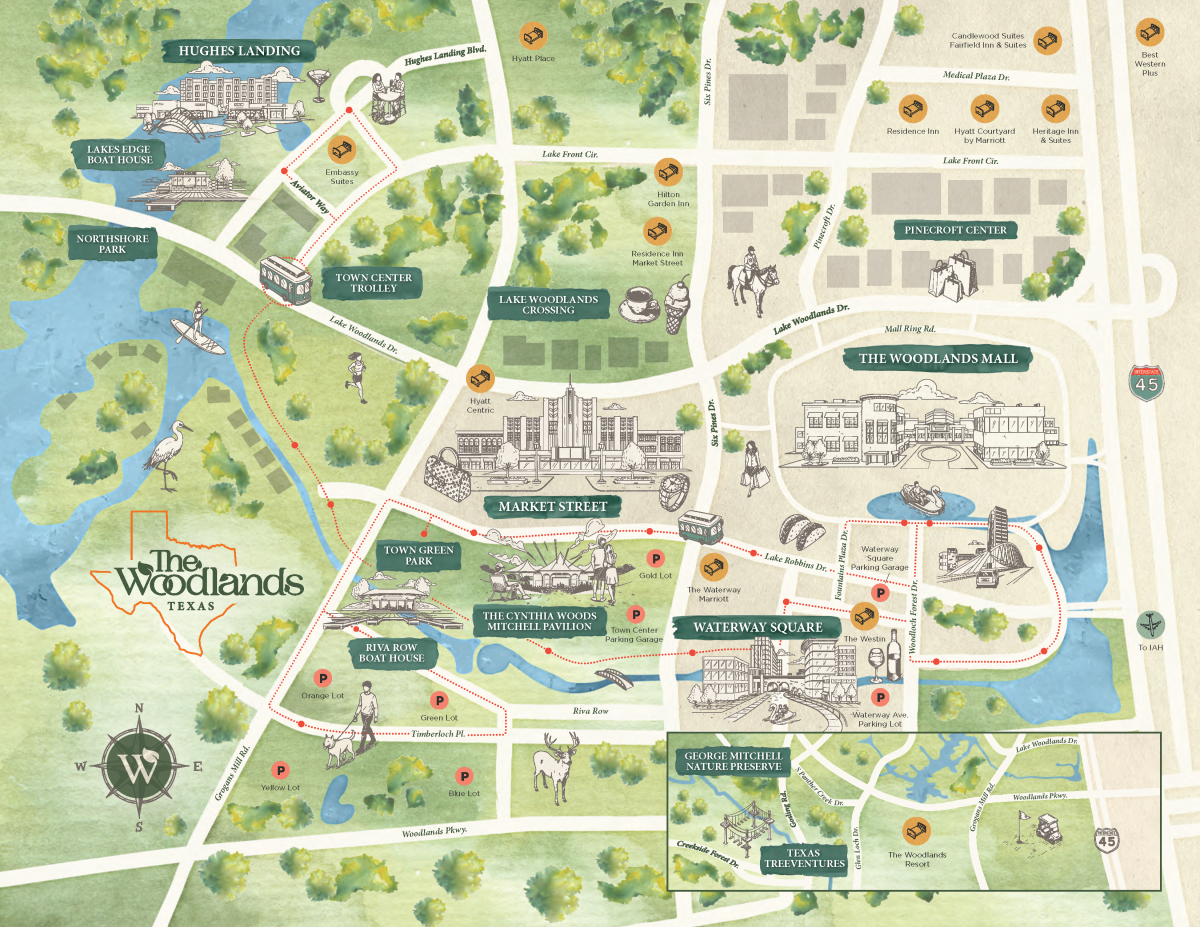 The Woodlands Town Center and Waterway map showing residential and commercial hubs