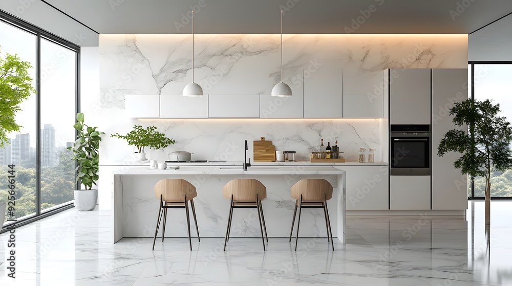 A modern white kitchen with marble countertops, clean and staged for sale