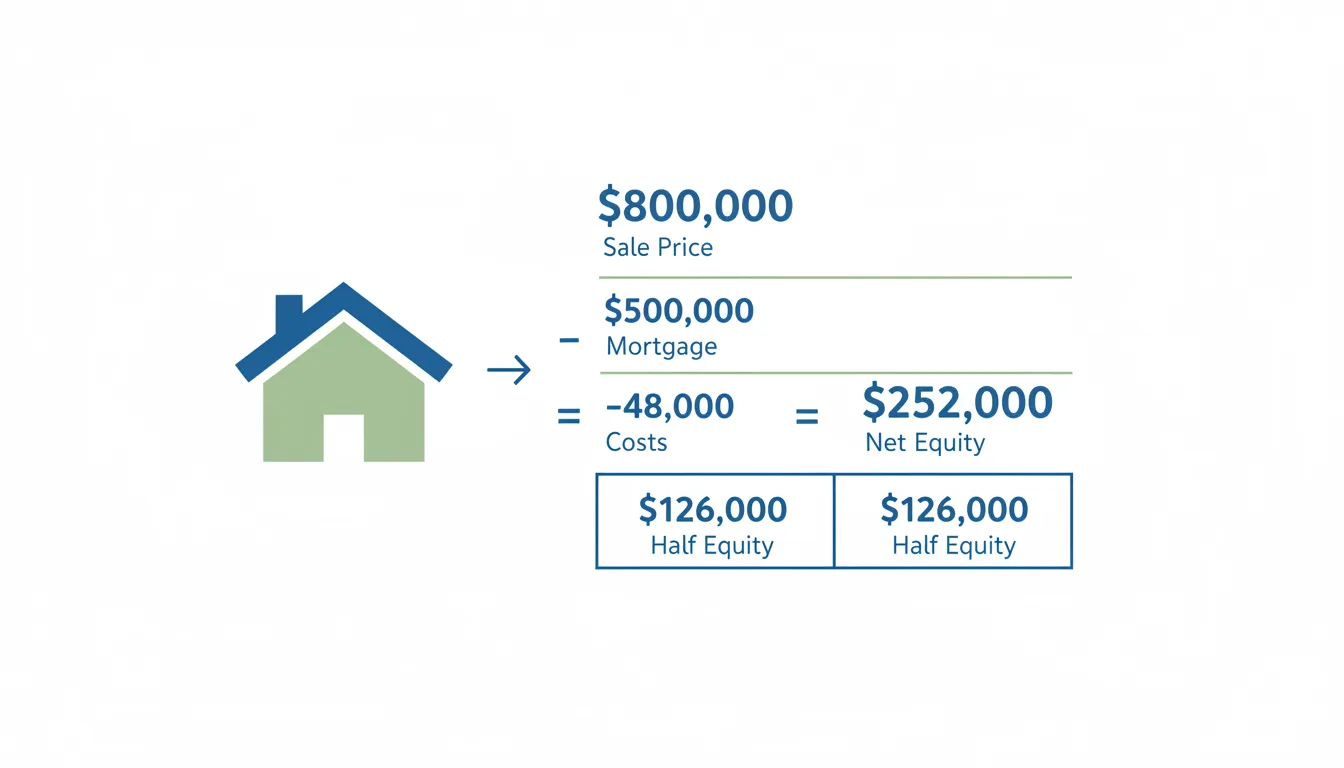 Equity breakdown: $800k sale minus $500k mortgage minus $48k in costs equals $252k net equity, split to $126k each