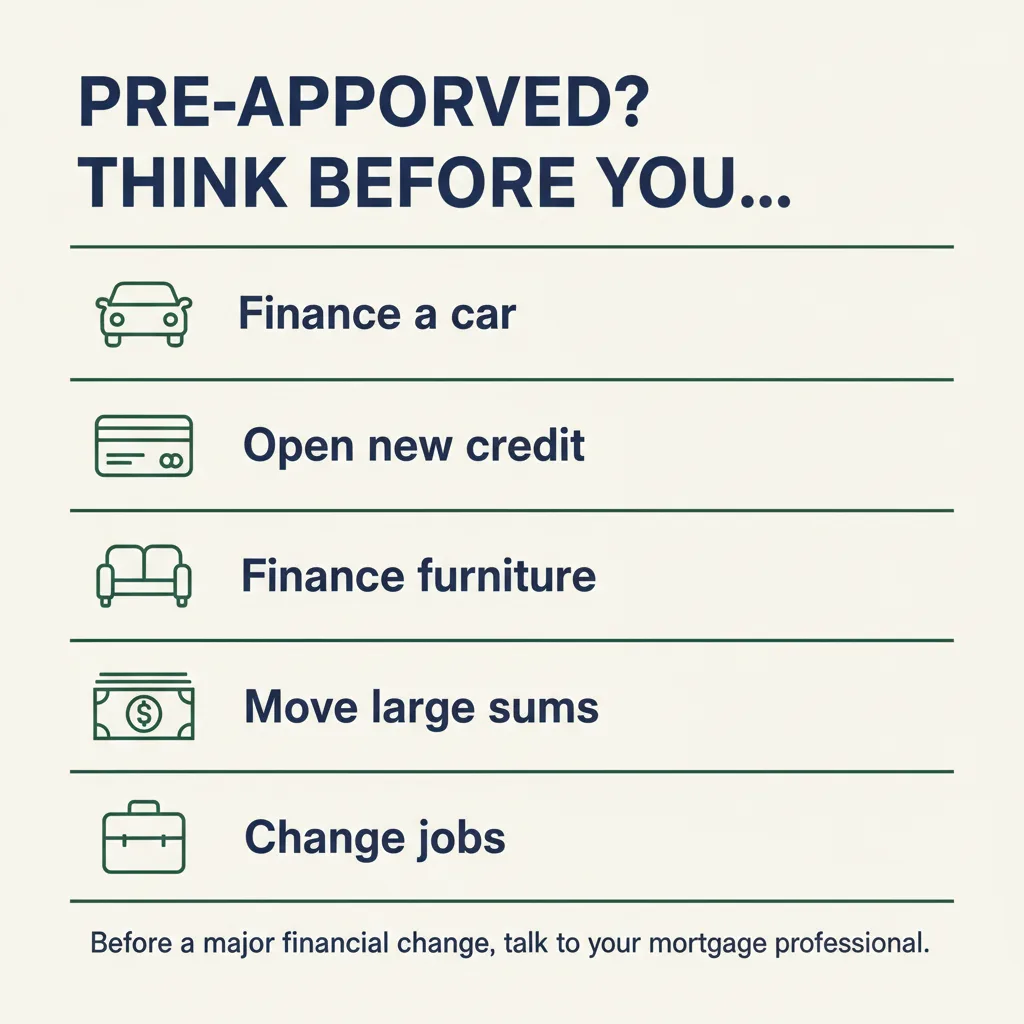 Pre-approved? Think before you finance a car, open new credit, finance furniture, move large sums of money, or change jobs — talk to your mortgage professional first.