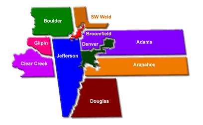 Map of Denver Metro Counties including Jefferson, Arapahoe, and Adams