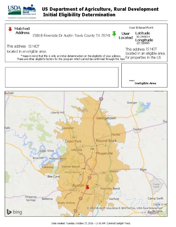 Austin, TX Metro Area USDA 0% Down Payment Mortgage Map