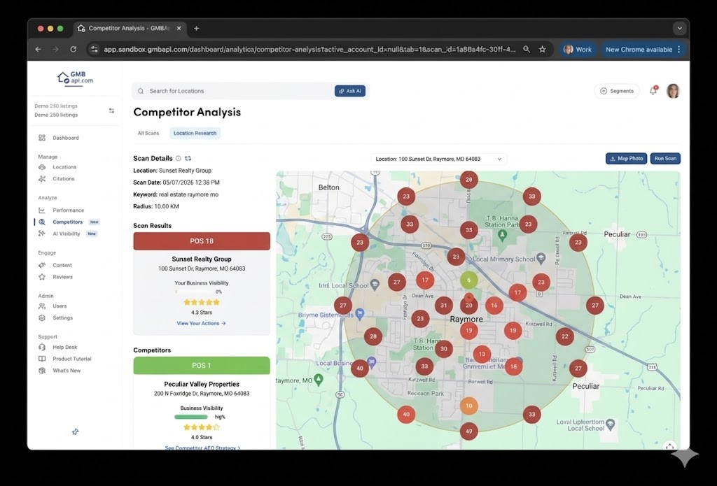 Dashboard showing local seo search rank score analysis