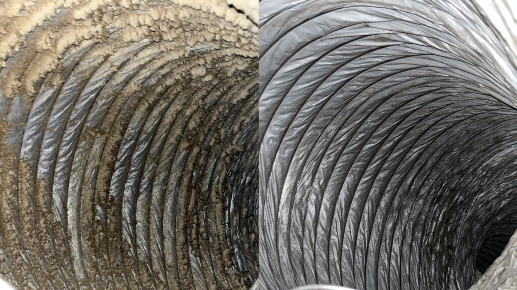 Comparison of a dirty air duct versus one professionally cleaned to NADCA standards