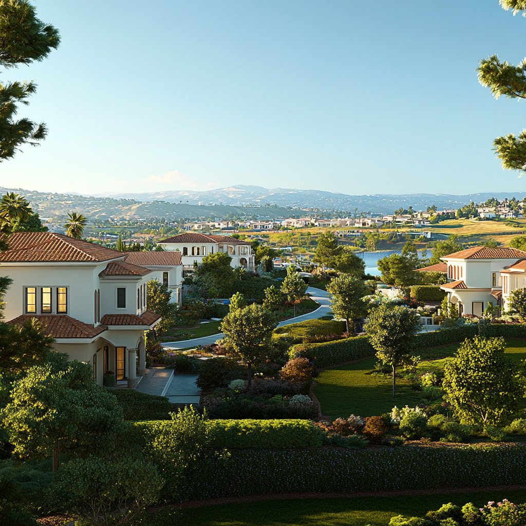 A residential street in Mission Viejo, California lined with single-family homes