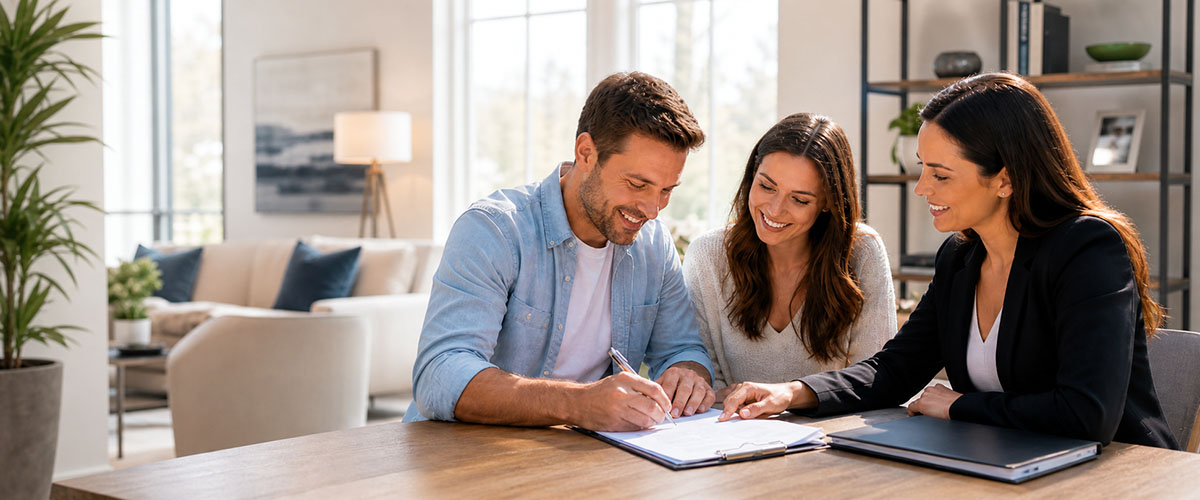 A real estate agent consulting with homebuyers at a table with paperwork
