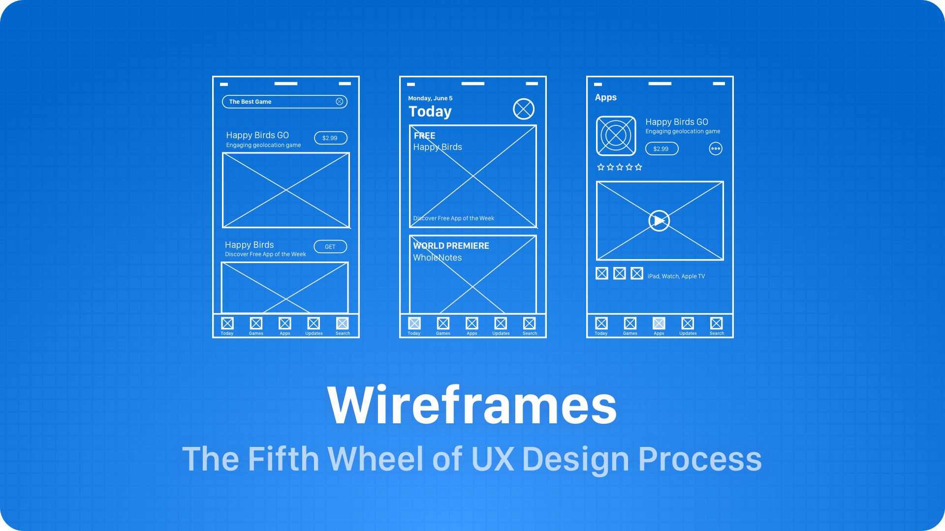 Wireframe sketches and UX process documentation spread across a desk