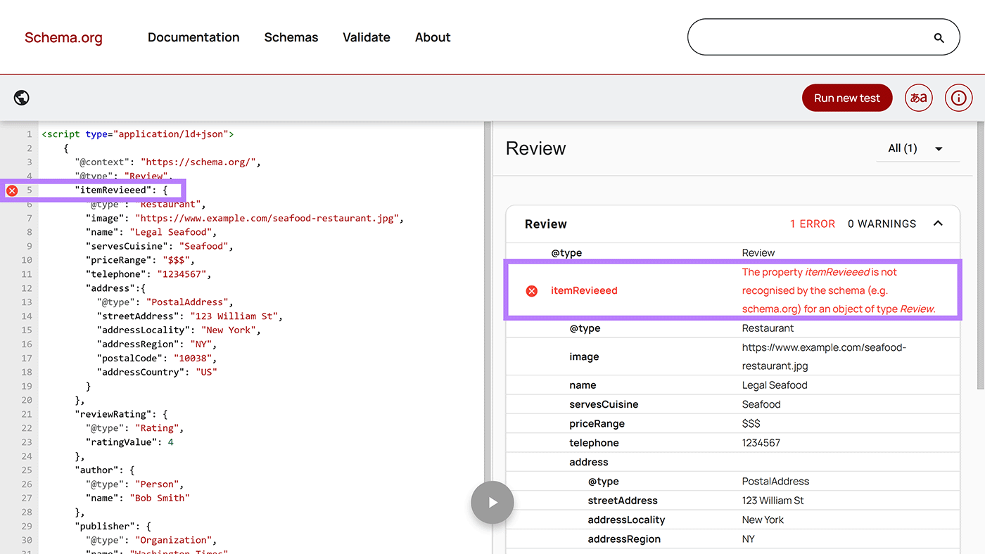 Example of review schema markup displayed as a diagram