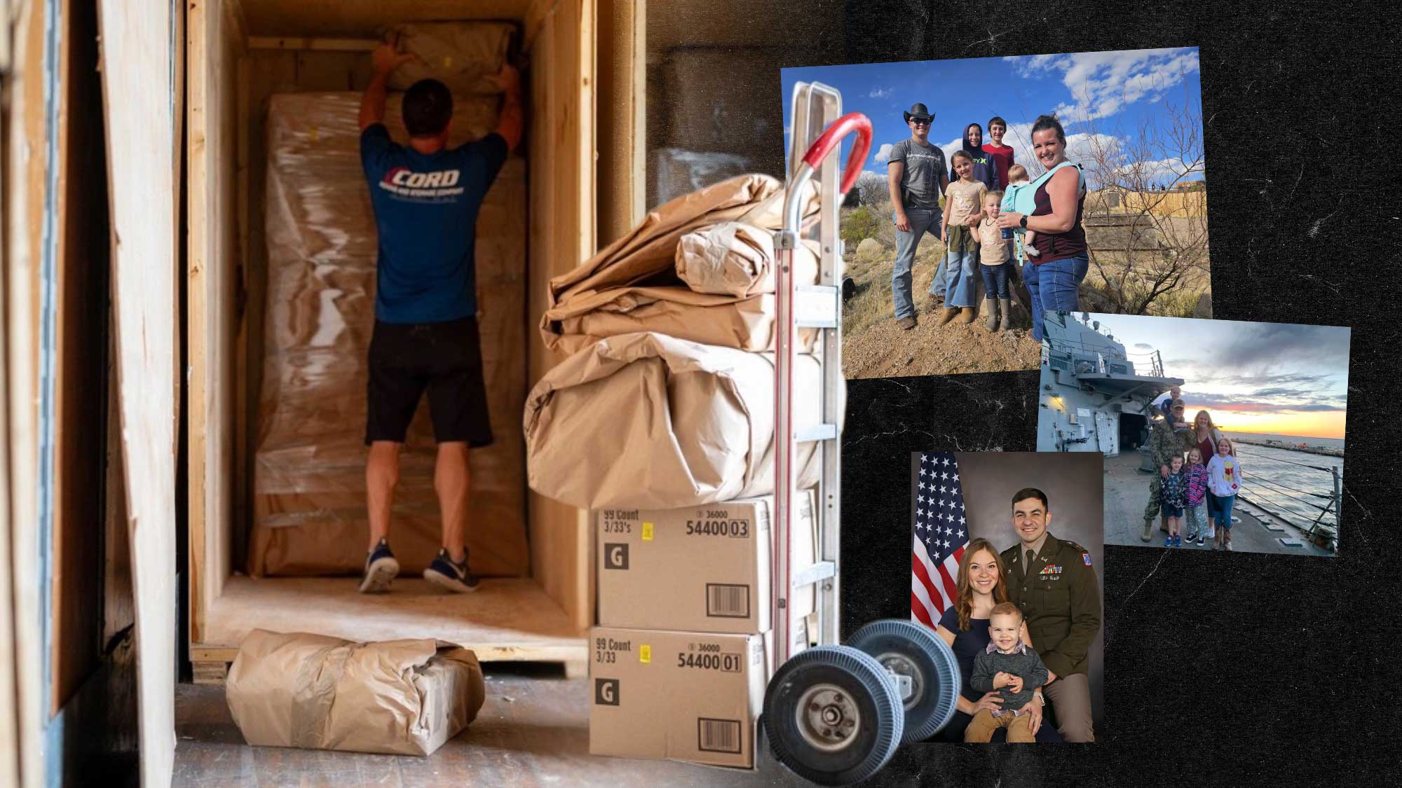 A military family navigating the relocation process with boxes and house keys