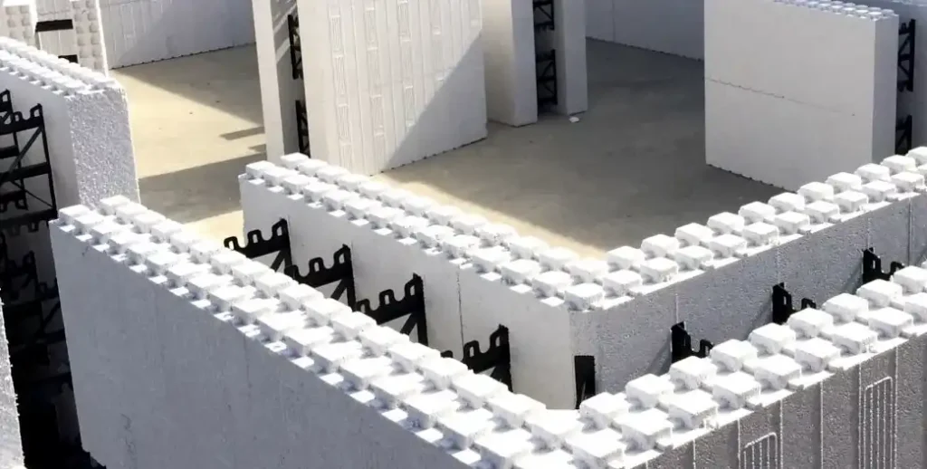 A crew stacking ICF foam blocks to create a reinforced concrete wall
