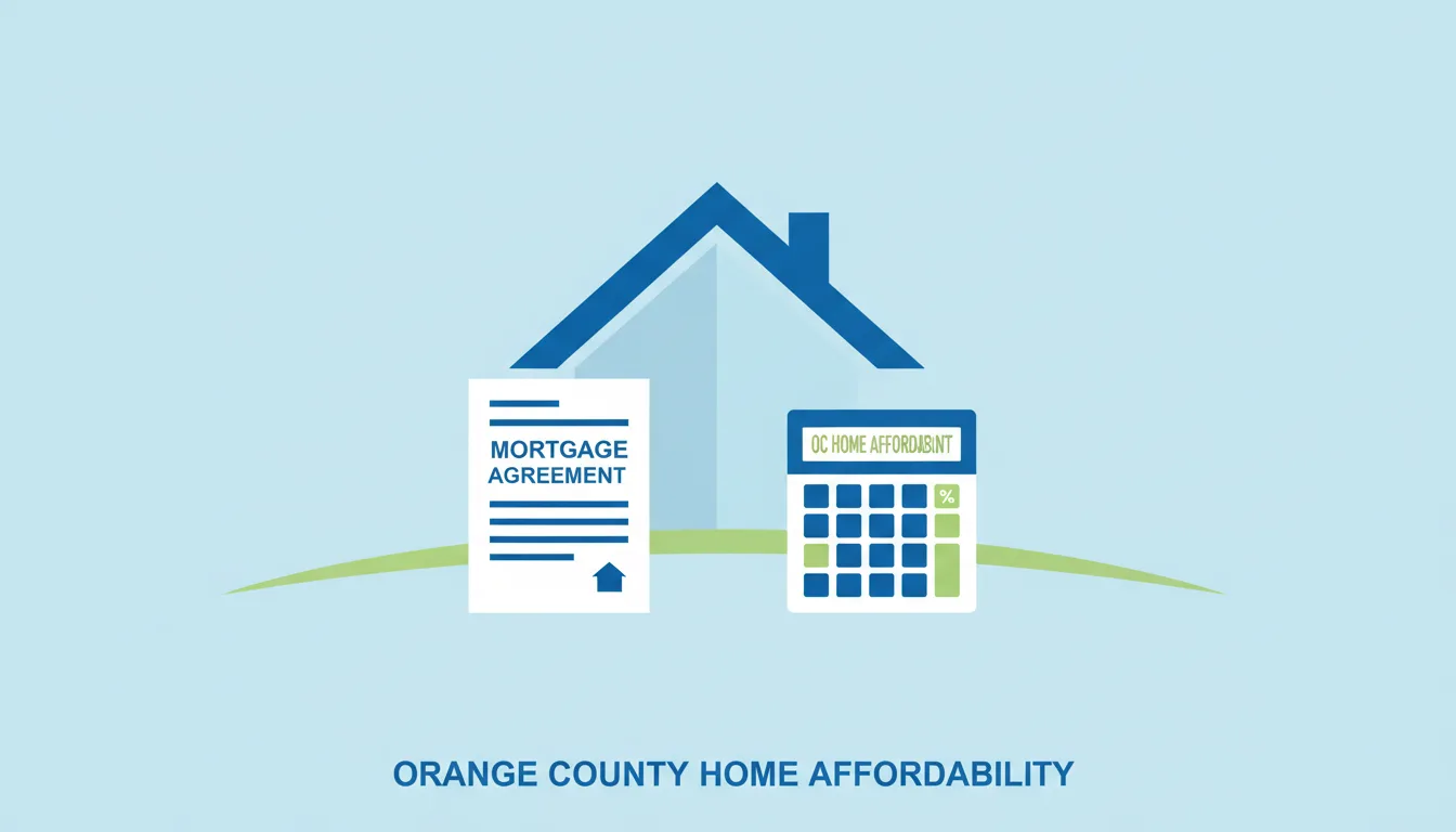 A minimalist flat-design illustration of a house with a mortgage document and calculator, blue and green tones, clean background