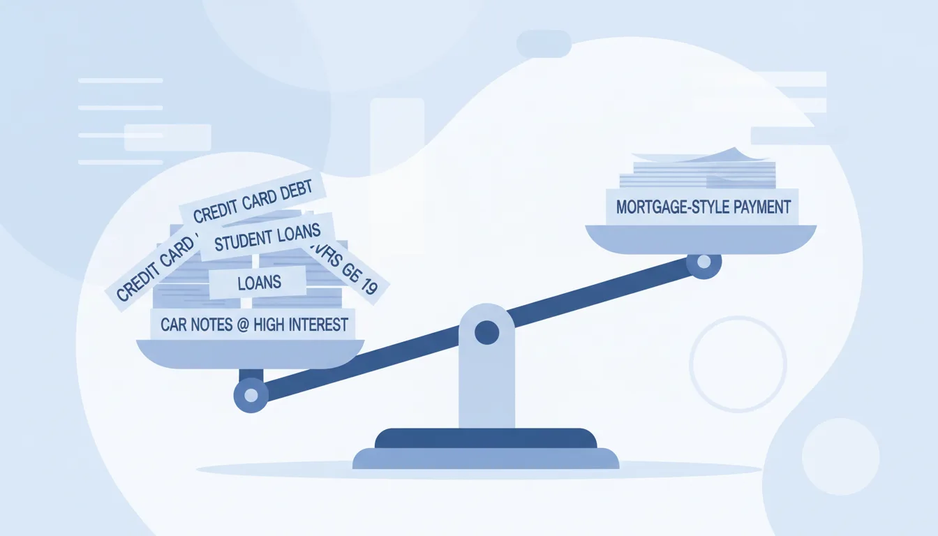 A flat-design illustration of a household balance scale, one side stacked with labeled papers for credit cards, student loans and car notes, the other a single tidy mortgage-style payment stack