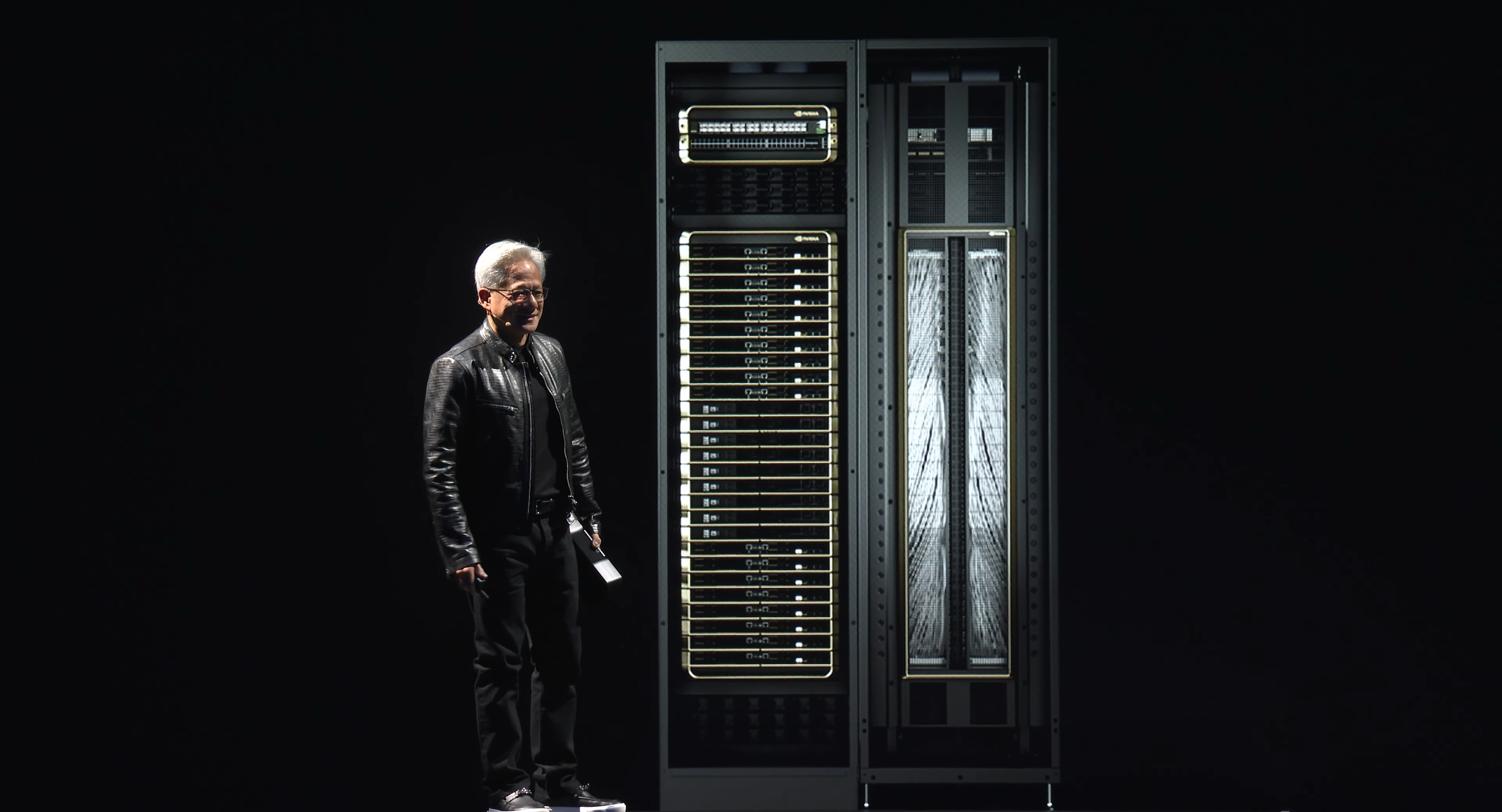 Modern AI Server rack with liquid cooling tubes