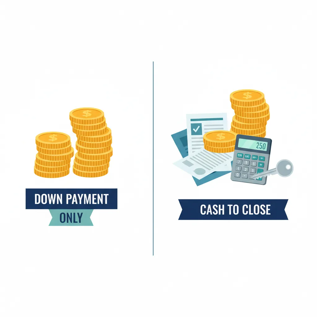A side-by-side financial comparison illustration showing the difference between a down payment only and the full cash-to-close amount, with stacks of coins, documents, a calculator, and a house key.