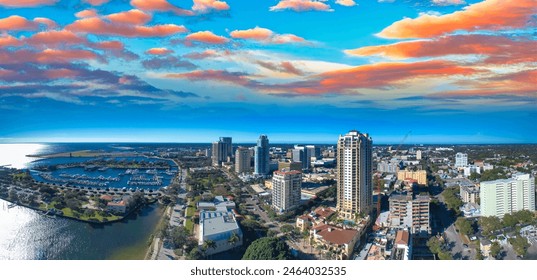 An aerial view of the St. Petersburg downtown waterfront, showcasing the vibrant lifestyle and real estate opportunities in the city.