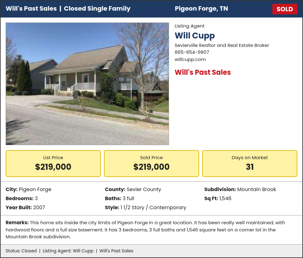 Will's Past Sales: SOLD in Pigeon Forge, Sevier County, TN. Listed at $219,000, sold for $219,000, 31 days on market. Listing agent Will Cupp.